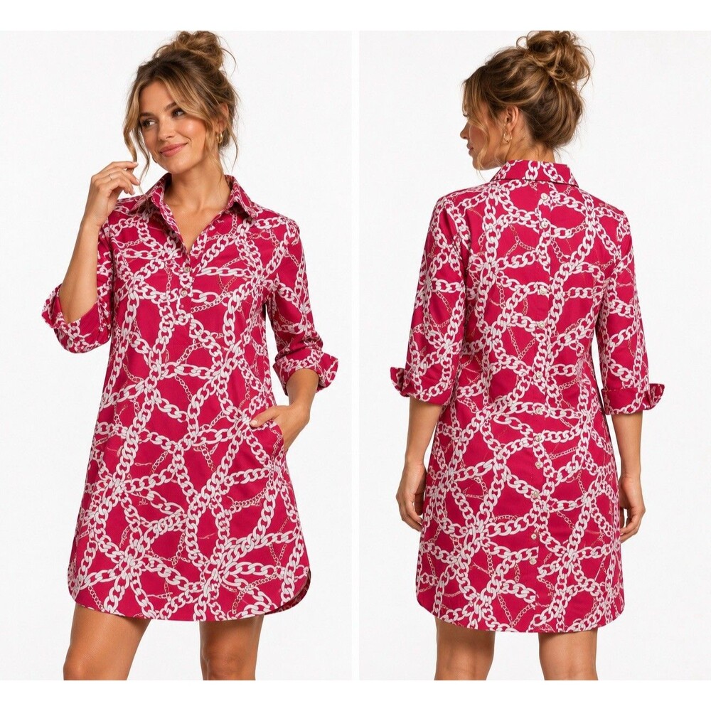 Hinson Wu Aileen Equestrian Chain Button Back Shirt Dress 3/4 Sleeve Pockets S